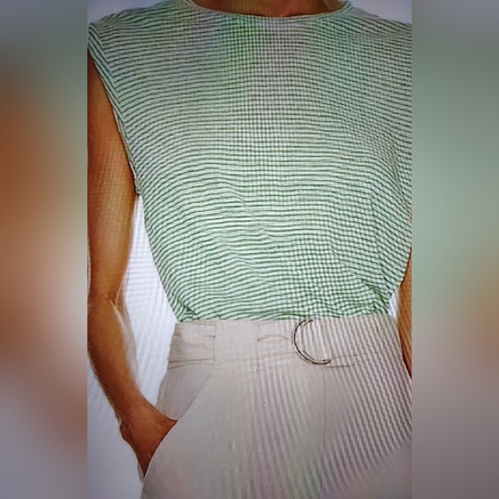 FRAME *NEW* ORGANIC LINEN STRIPED MUSCLE TEE SLEEVELESS TOP MINIMALIST  Size Lg